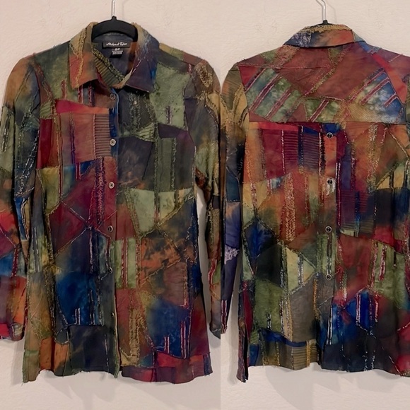 Michael Tyler Women’s Button Front Short Small Colorful Patchwork Lagenlook - Picture 1 of 12